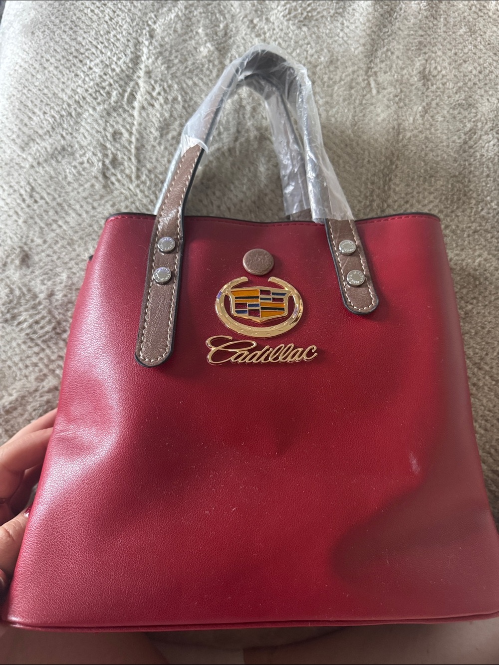 Cadillac Red Tote Bag with Brown Handles